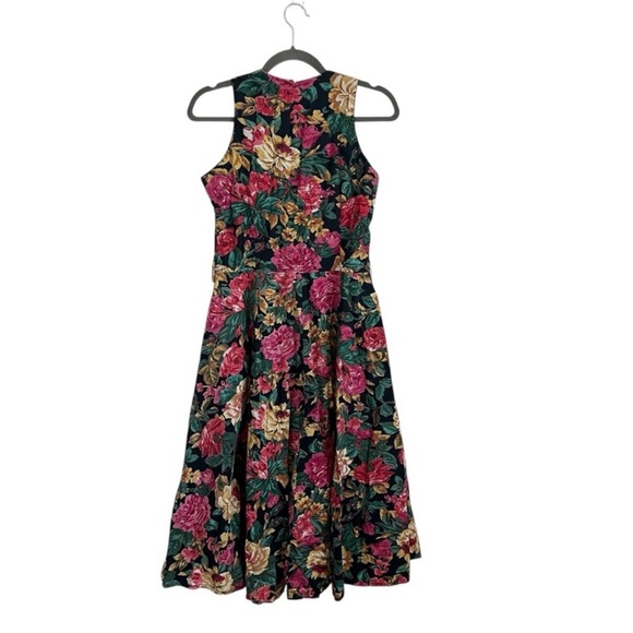 Vintage 90s Floral Button Front Dress Starina Medium Black Fit Flare Cottagecore - Picture 2 of 11